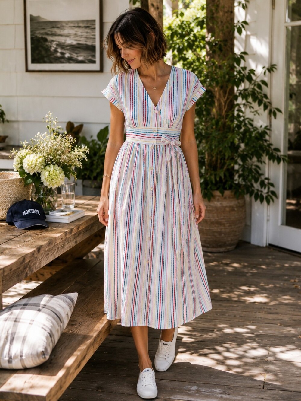 LOFT Rainbow Striped Cotton Midi Dress - Picture 1 of 9